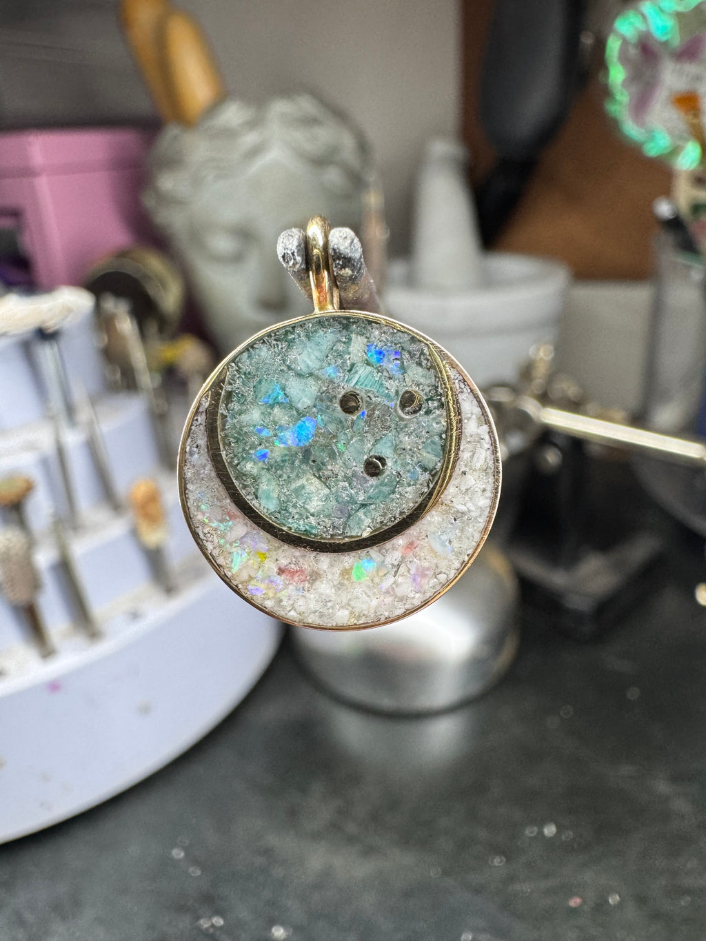 Amazonite and Opal Crescent Moon Pendant with Solid Gold Details