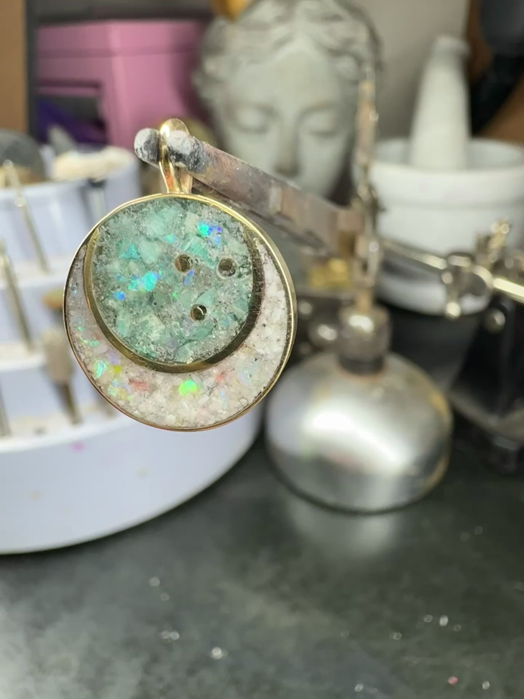 Amazonite and Opal Crescent Moon Pendant with Solid Gold Details